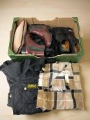 A Barbour International padded coat, size L, together with a further Barbour tartan scarf,