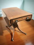 A reproduction mahogany and satinwood inlaid drop leaf sofa table, width 81 cm.