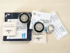 Two Royal Mint London 2012 Athletics 50p silver coins, each 8g sterling silver, with certificates,