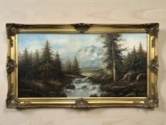 Contemporary School : River in a mountainous landscape, oil on canvas,