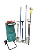 A Bosch garden shredder and quantity of hand tools