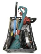 A Pro circular saw, a Bosch electric strimmer, spool of cable and a sledgehammer.