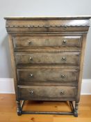 A reproduction oak and burr walnut six drawer chest, 84 cm x 50 cm x 122 cm.