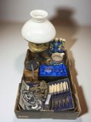 A brass oil lamp, coffee grinder, cased cutlery, two Indo Tibetan statues, first day cover,