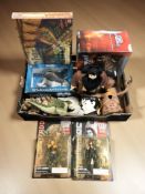 A group of figurines and toys including Playmates Lara Croft Tomb Raider, 2000AD, Harry Potter, E.