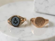 A 9ct gold Masonic signet ring and a further signet ring (both shanks split) CONDITION