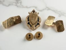 A 9ct gold fob, a pair of cuff links set with small diamonds,