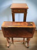 A reproduction mahogany and satinwood drop leaf Sutherland table, and a similar single drawer table.