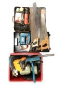 A group of power and hand tools including Black & Decker, etc.