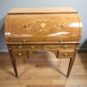An Edwardian mahogany, satinwood inlaid and banded lady's cylinder front writing bureau,