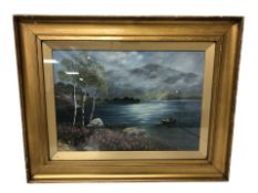 A Moore : A figure in a rowing boat on a calm lake, oil on canvas, 25 cm x 34 cm.