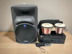 A Denon CD player DCD-615, a pair of Rockjam drums, two vintage mobile phones, a Mackie speaker.