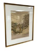 J S Rochester : A lady out walking her dog in a country village, watercolour with bodycolour,