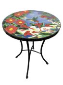 A contemporary metal circular patio table with ceramic top, diameter 59 cm.