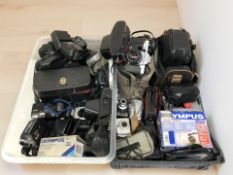 Assorted vintage and later cameras including Praktica, JVC video camera,