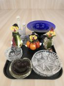 A group of Murano glass clowns, decanters, blue glass pedestal bowl,