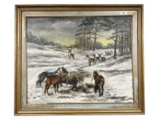 Ella Bailes : Horses feeding in a wintry landscape with deer beyond, oil on daler board, signed,