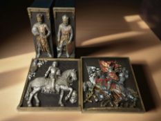 A group of Marcus Designs ceramic medieval plaques and two further knights on horseback