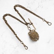 A 9ct gold watch Albert chain with T-bar and fob, inscription dated 1900,