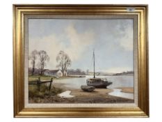 Don Micklethwaite (Born 1936-) : Fishing boats moored at low tide, oil on canvas, signed,