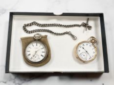 A silver open face key-wound pocket watch signed J H Mercer, Appleby, with silver Albert chain,