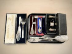 Silver and silver-plate comprising a silver cruet set, two spoons,