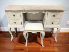 A modern painted four drawer French style dressing table, with stool, 118 cm x 39 cm x 81 cm.