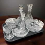 A crystal mallet decanter, together with a vase, several bowls, etc.