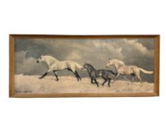 After S Lunsdaine : Galloping horses, colour print on board, 75 cm x 30 cm.