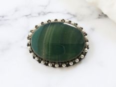 A green banded agate brooch set with pearls and backed with Continental silver 40 mm x 50 mm