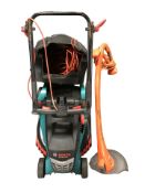 A Bosch electric lawn mower and a strimmer.