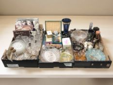 Assorted glasswares, cutlery set, carriage timepiece, EPNS items, table lighter.