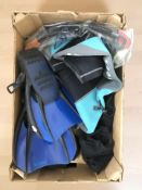A group of scuba diving equipment including new snorkel, flippers, wet suit, etc.