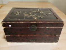 A Japanese Meiji period lacquered and inlaid writing box, width 40 cm.