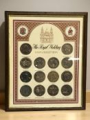 A Royal Wedding collection coin montage in frame, 32 cm x 27 cm.