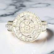 A 9ct gold diamond cluster ring, the total diamond weight approximately 1.30 carat, size N.