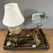 A brass banker's style desk lamp, a ceramic lamp, a pair of lamps and a further brass mounted lamp.