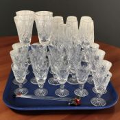 Several sets of crystal wine and champagne glasses, two further glass stirring sticks (as found).