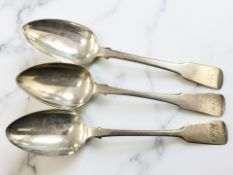Two George III silver serving spoons together with a further early Victorian example.