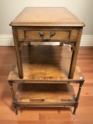 A reproduction walnut square two tier lamp table, width 67 cm,