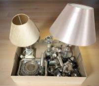 Assorted EPNS wares and two modern table lamps.