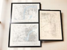 Three framed ordnance survey maps of the North East.