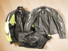 A Gericke leather motorcycle jacket, a further jacket and a pair of leather trousers size 40.