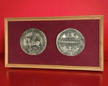 Two replica Charles I medallions mounted on board, 55 cm x 29 cm.