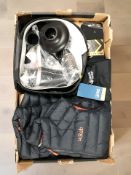 Ex-retail items with tags including a Rab padded vest size M, other clothing including North Ridge,