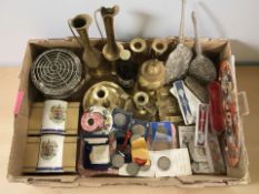Assorted crowns, ceramics, brass wares, dressing table items, Newcastle Brown Ale bottle, etc.