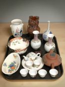 A group of oriental export ceramics, wooden figure of Buddha, etc.