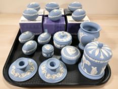 Wedgwood blue and white jasperware including numerous egg shaped trinket boxes,