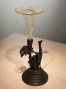 A patinated metal and etched glass epergne surmounted by a camel, height 33 cm.