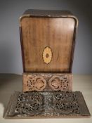 A mahogany twin handled serving tray and two Indian carved hardwood book slides.